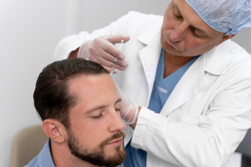 doctor treat his patient for  hair transplant