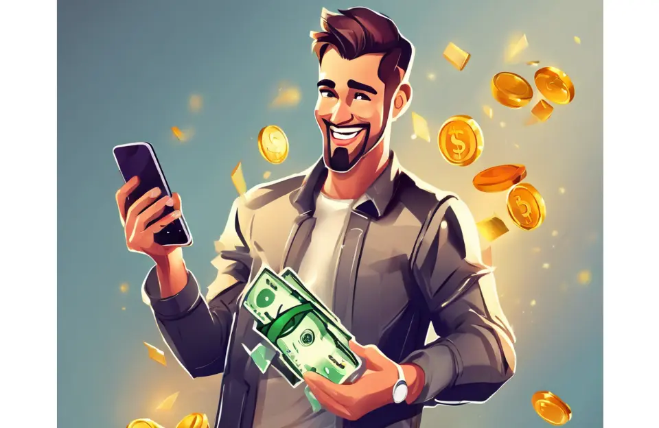 guy giving excited expression with a Mobile Earning Apps and money